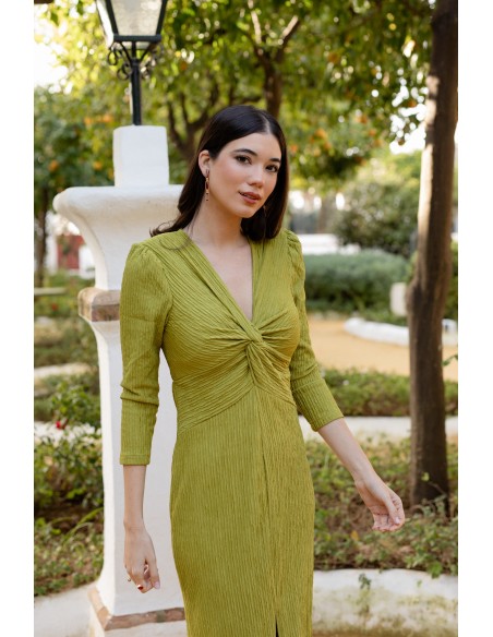 Pistachio green long dress with draped neckline