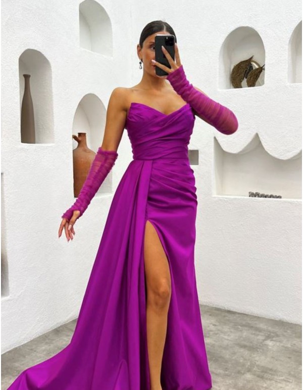 Vestido de fiesta largo palabra de honor con manguitos 2