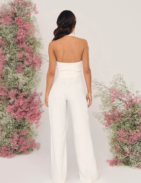 Wedding jumpsuit with bow at the waist and halter neckline