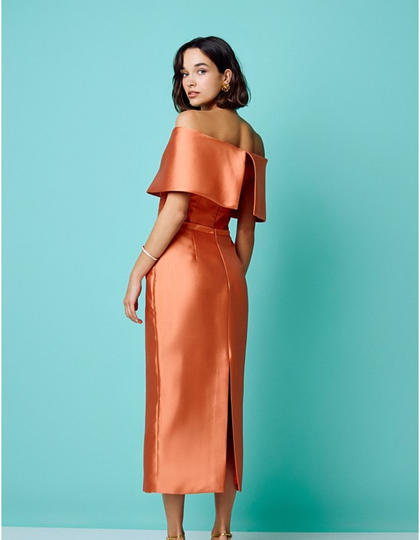 Midi party dress with peach bandeau neckline