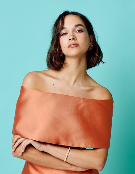 Midi party dress with peach bandeau neckline
