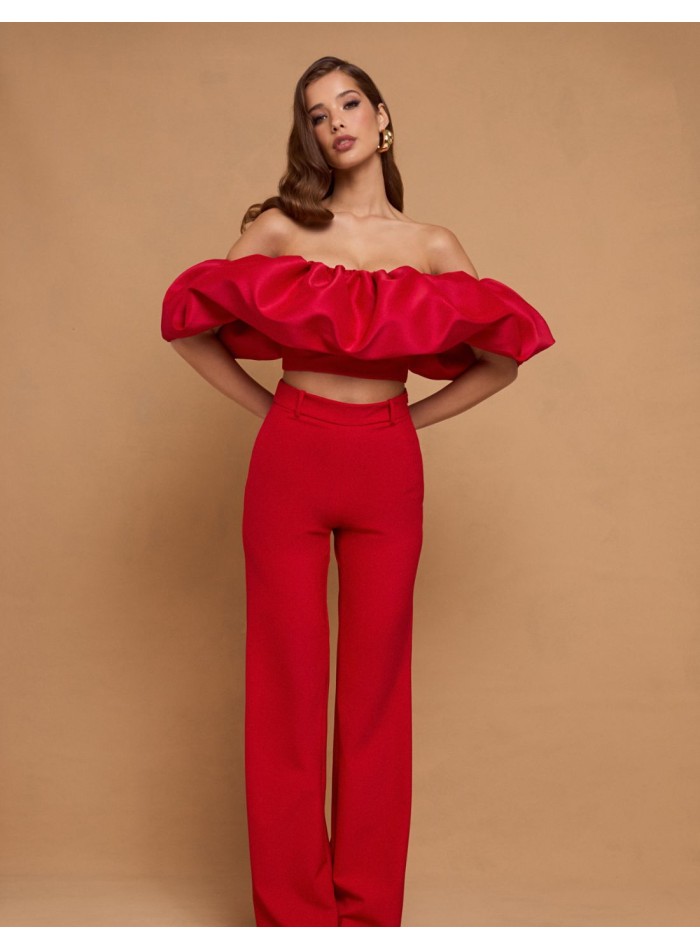 Red straight long pants with belt loops and...