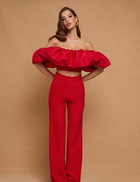 Red straight long pants with belt loops and high waistband