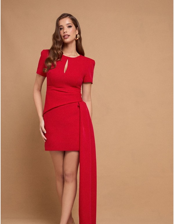 Short red party dress with short sleeves and side sash 2