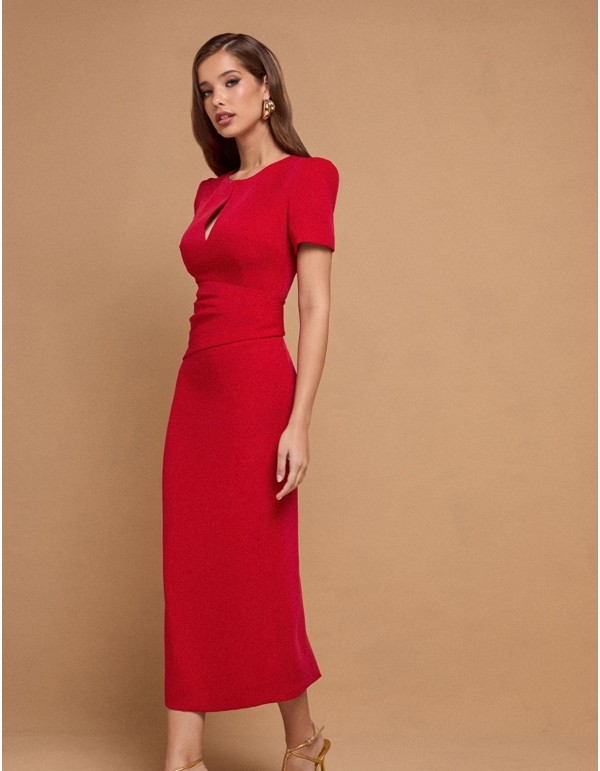 Robe de soirée midi rouge à manches courtes et décolleté... 2