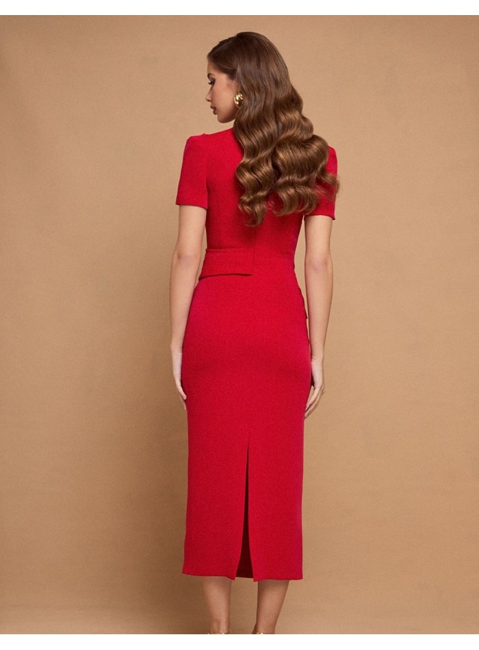 Vestido midi de fiesta rojo con manga corta y abertura en escote para ocasiones especiales