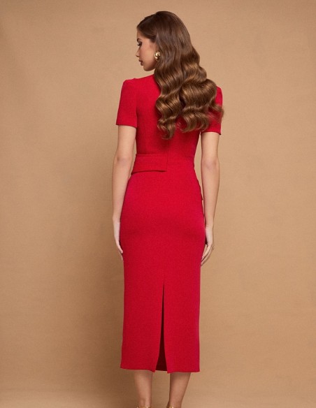 Red midi party dress with short sleeves and neckline slit
