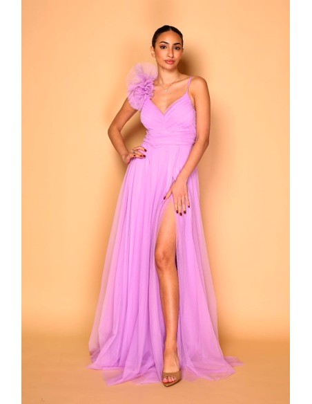 Vestido largo de tul con hombro decorado para invitada color rosa