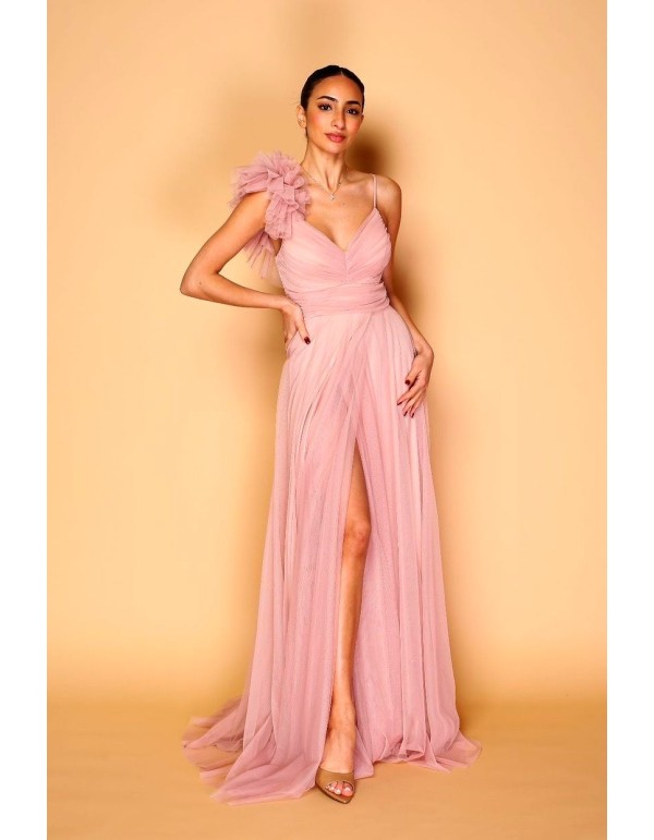 Robe longue en tulle avec épaule décorée pour invitée -...