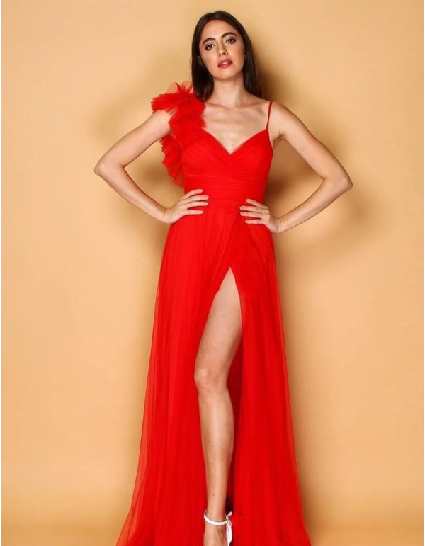 Robe longue en tulle avec épaule décorée pour invitée -...