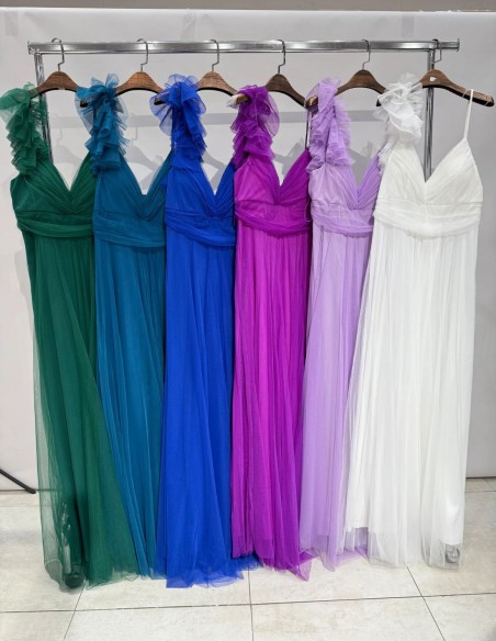 Long tulle dress with decorated shoulder for guest - Sandra Barneda