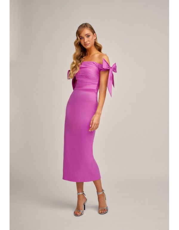 Vestido midi violeta en tafetán elástico con mangas lazadas 2