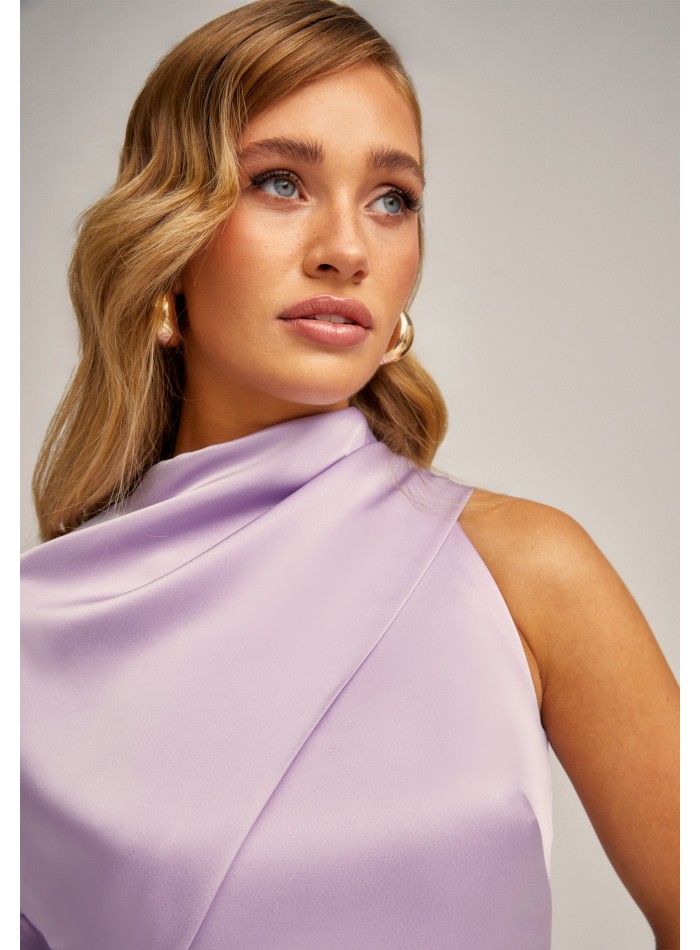 Asymmetrical satin midi dress with puffed sleeves
