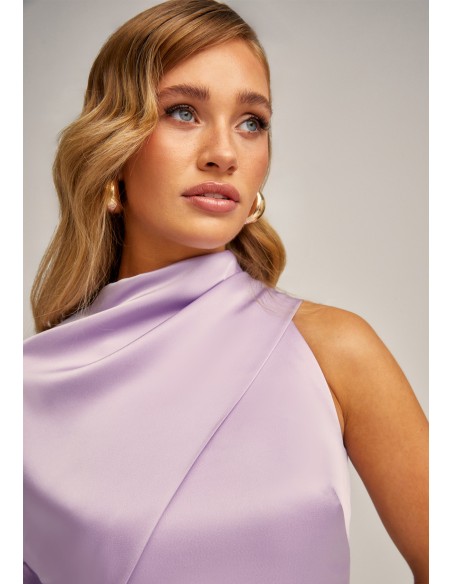 Robe midi asymétrique en satin à manches bouffantes