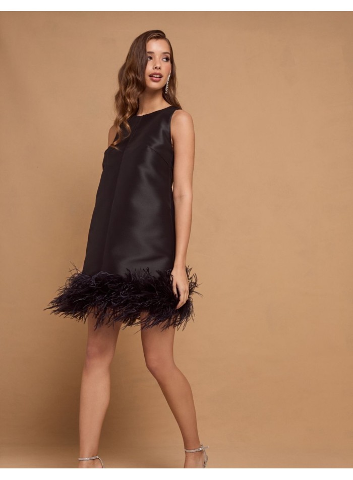 Short black party dress with feathers