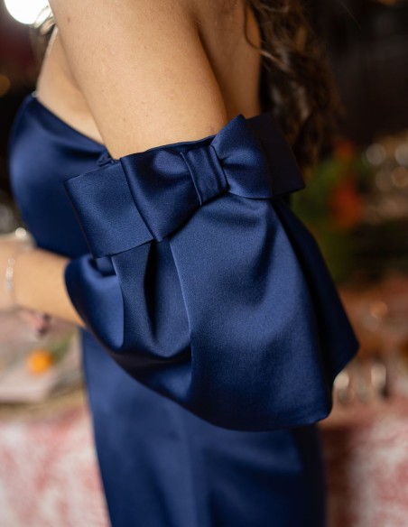 Short satin party dress with bardot neckline