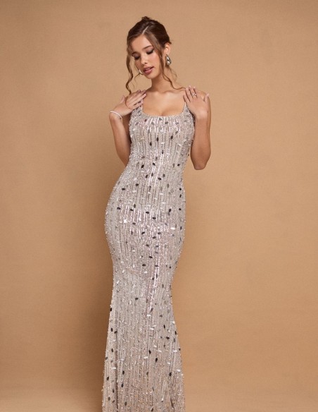 Long silver gala dress with rhinestones