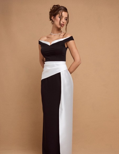 Black and white long party dress with bandeau neckline
