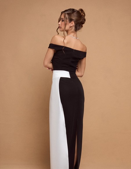 Black and white long party dress with bandeau neckline