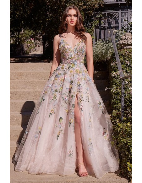 ball gown made of tulle with floral embroidery