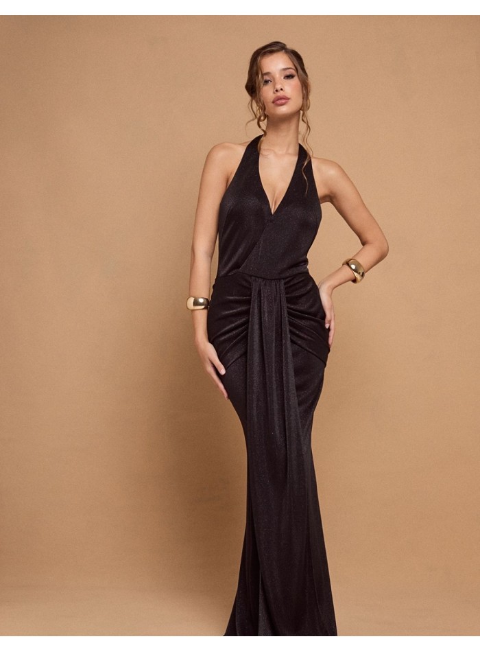 Long draped black party dress with glitter