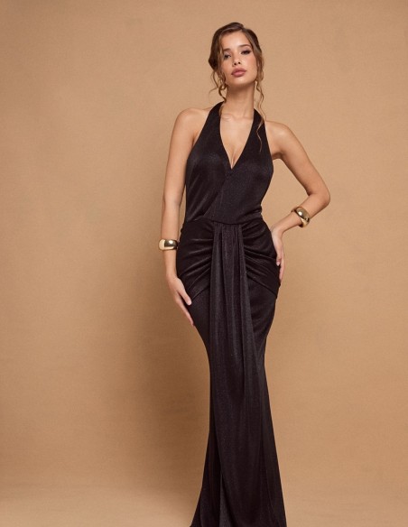 Long draped black party dress with glitter
