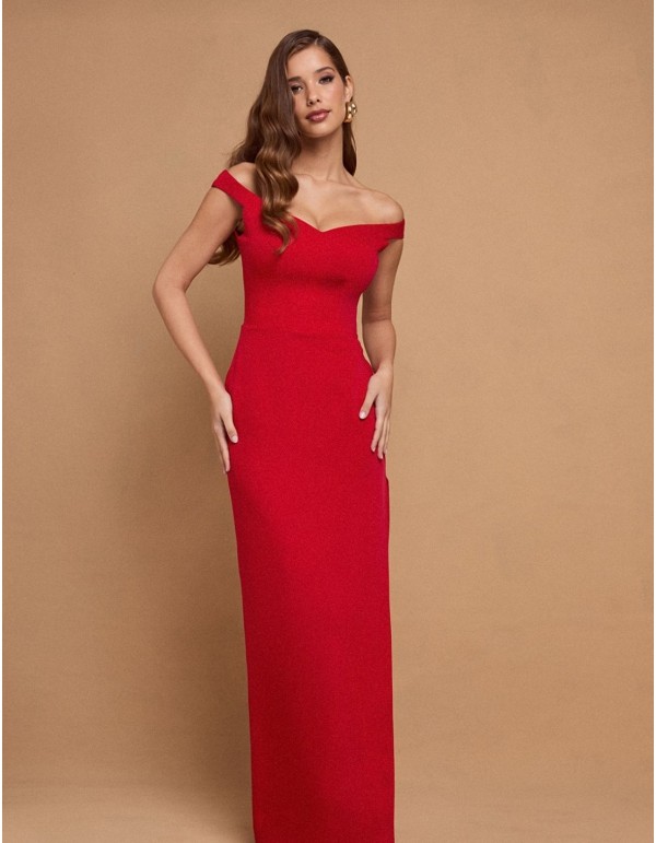 Red long dress with bandeau neckline and slit 2