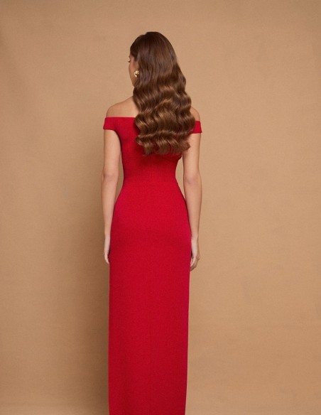 Red long dress with bandeau neckline and slit