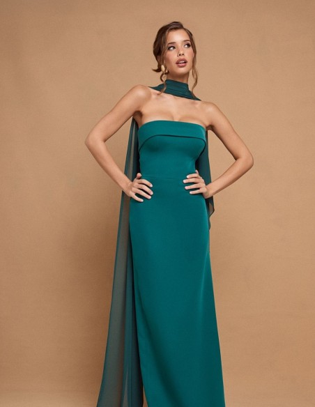 Strapless long dress with emerald green cape