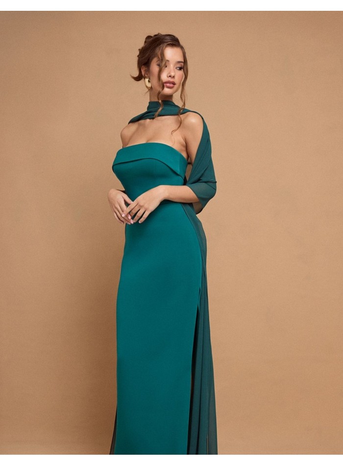 Robe longue sans bretelles avec cape vert émeraude