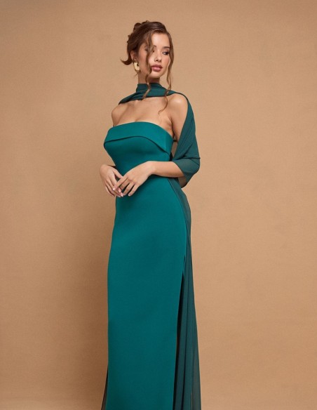 Robe longue sans bretelles avec cape vert émeraude
