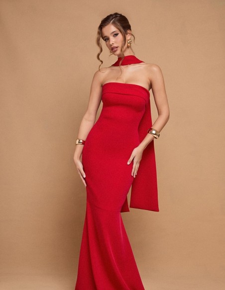 Long red strapless party dress with sash