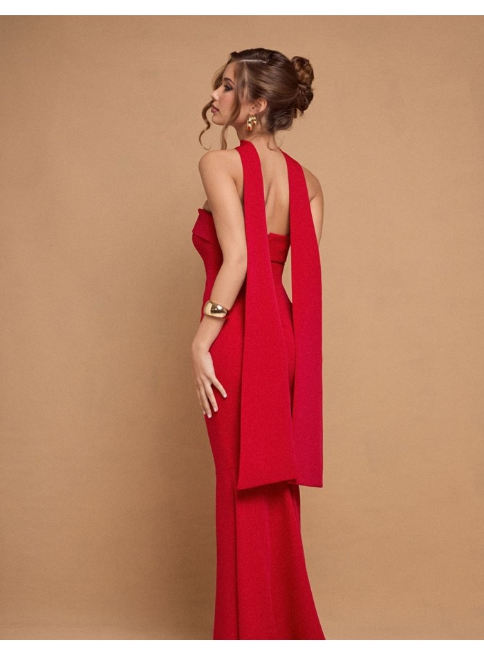 Long red strapless party dress with sash