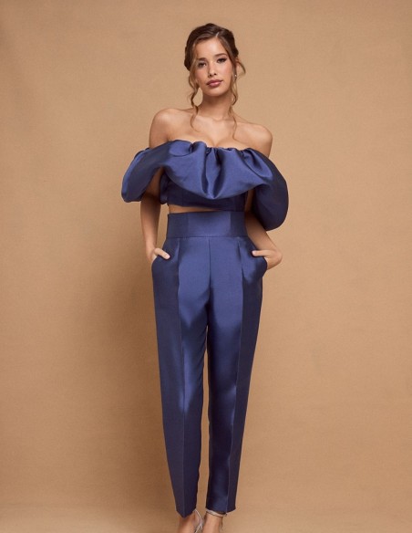 Pantalon de fête bleu long et droit à taille haute