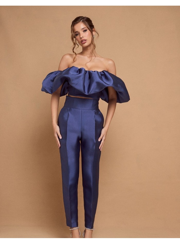 Pantalon de fête bleu long et droit à taille haute