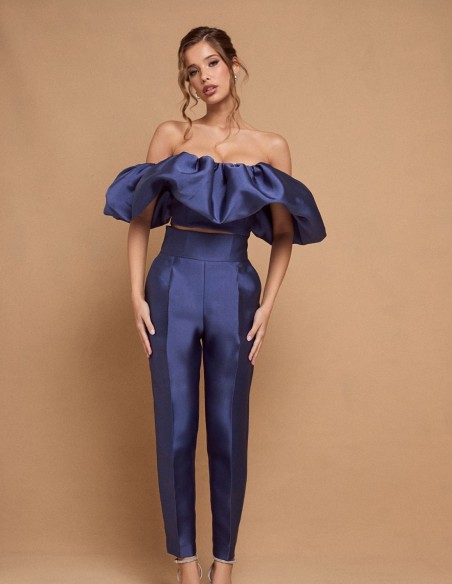 Pantalones de fiesta azules con tiro alto para invitadas