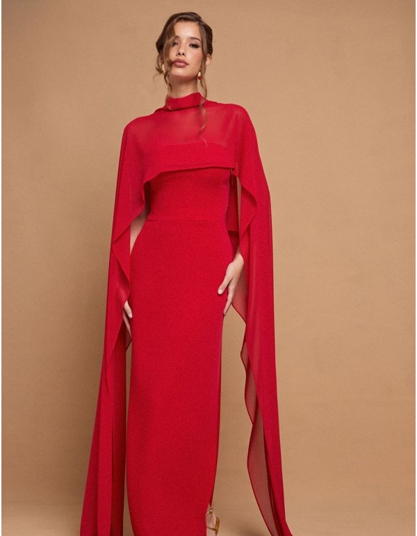 Long strapless red party dress with maxi cape