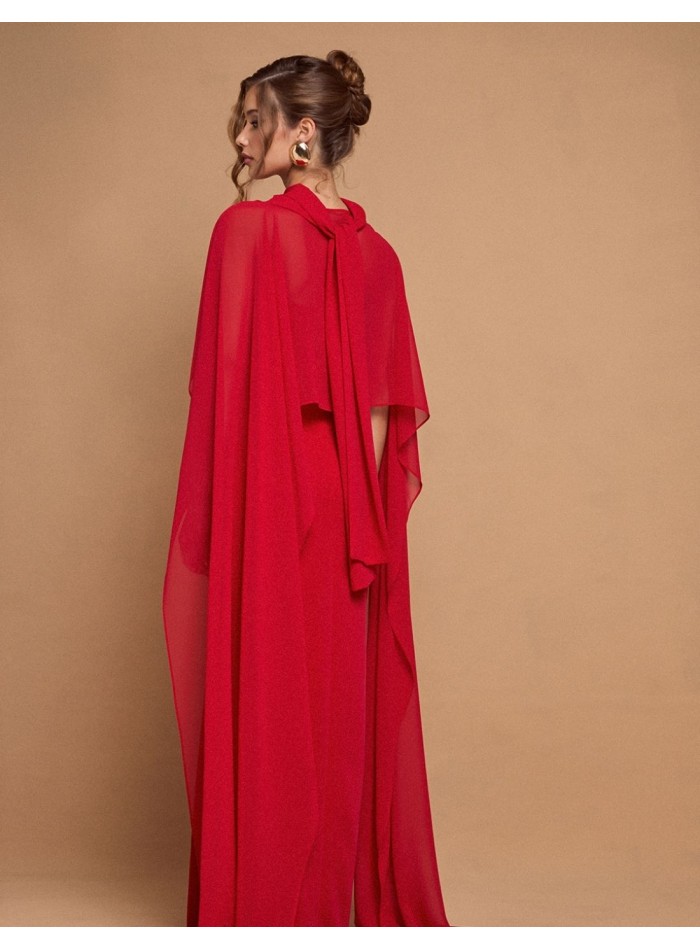 Long strapless red party dress with maxi cape