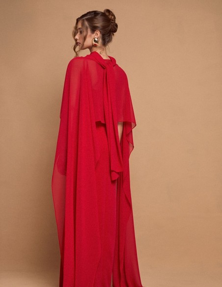 Long strapless red party dress with maxi cape