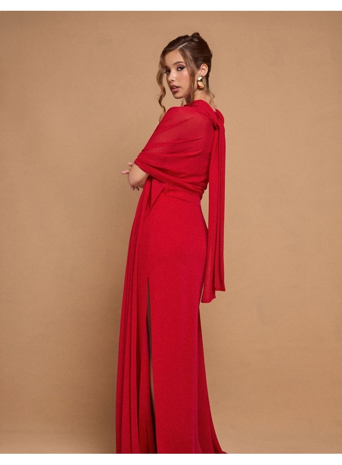 Long strapless red party dress with maxi cape