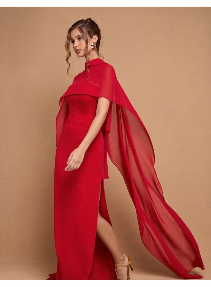 Long strapless red party dress with maxi cape