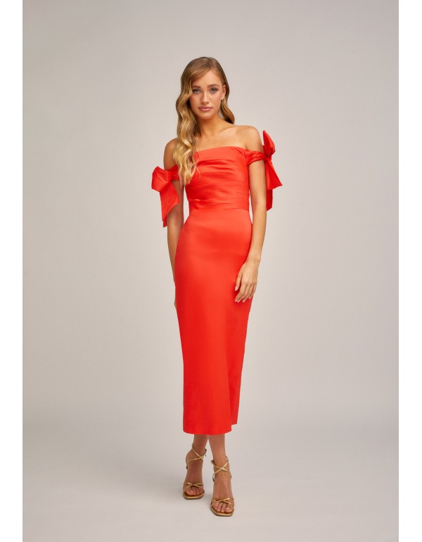 Stretch red midi dress with draped bodice 2