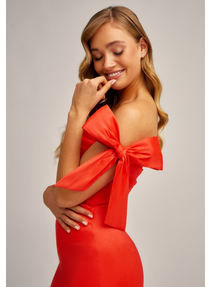 Stretch red midi dress with draped bodice