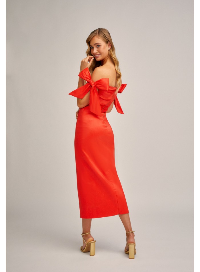 Stretch red midi dress with draped bodice