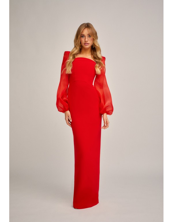 Vestido largo rojo con escote curvo y mangas abullonadas 2