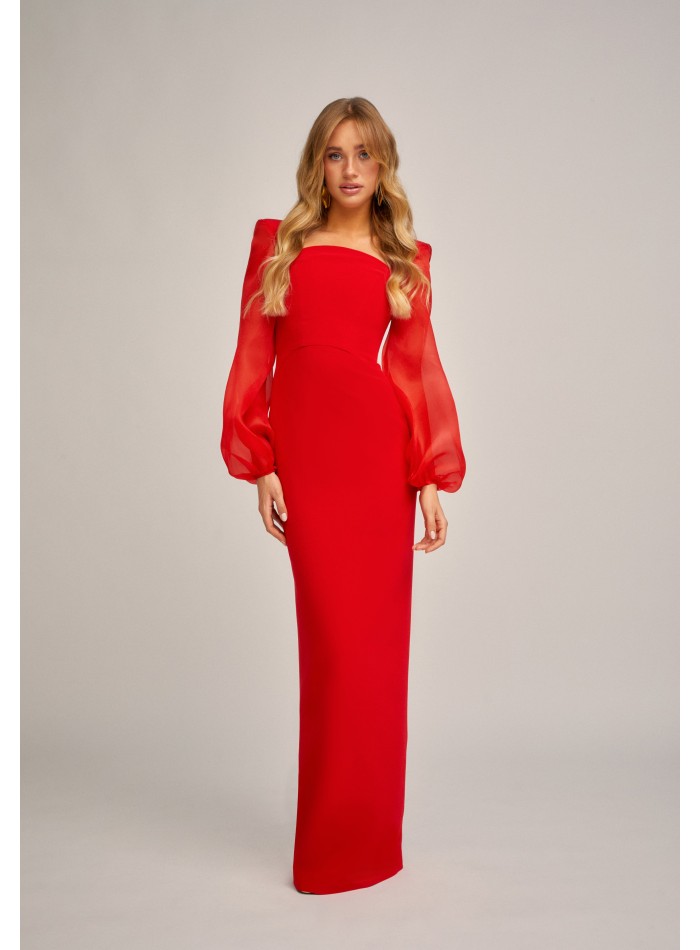 Long red dress with curved neckline and puffed...