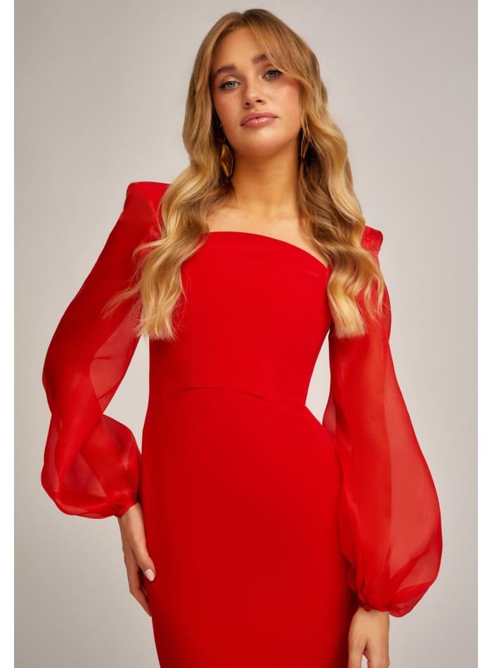 Long red dress with curved neckline and puffed...