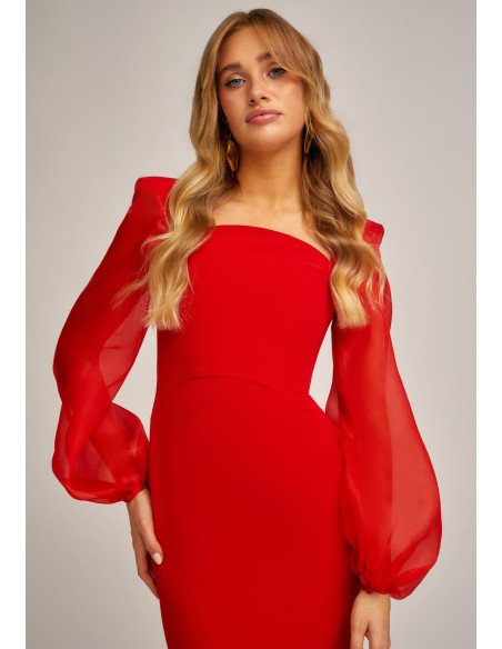 Long red dress with curved neckline and puffed sleeves