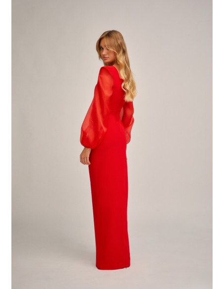 Long red dress with curved neckline and puffed sleeves