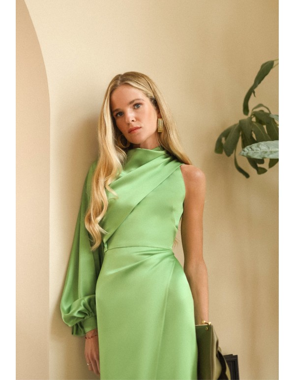 Apple green asymmetric midi dress with puffed sleeves 2